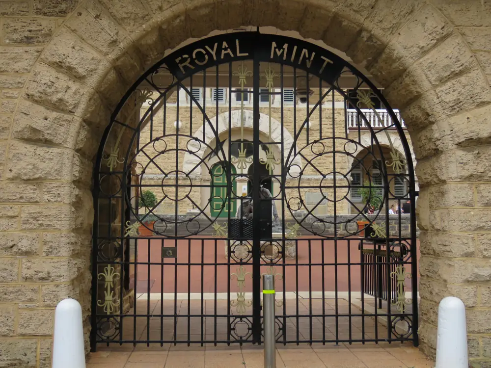 Historic gate of The Perth Mint with the words Royal Mint